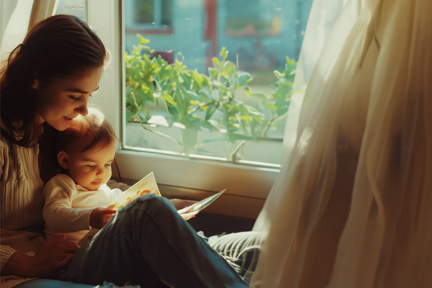 Mother Reading to Baby by the Window